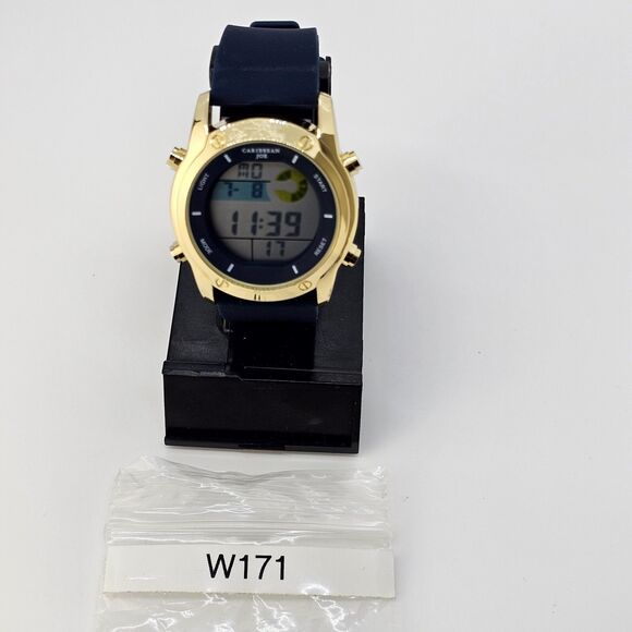 43MM Caribbean Joe Men's Digital Watch Alarm Chrono Gold Case Blue Plastic Bands - Picture 15 of 15